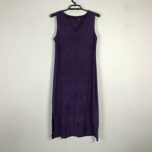 Vintage 1990s Purple Rayon Dress Size M Sleeveless Side Vent Embroidered Midi